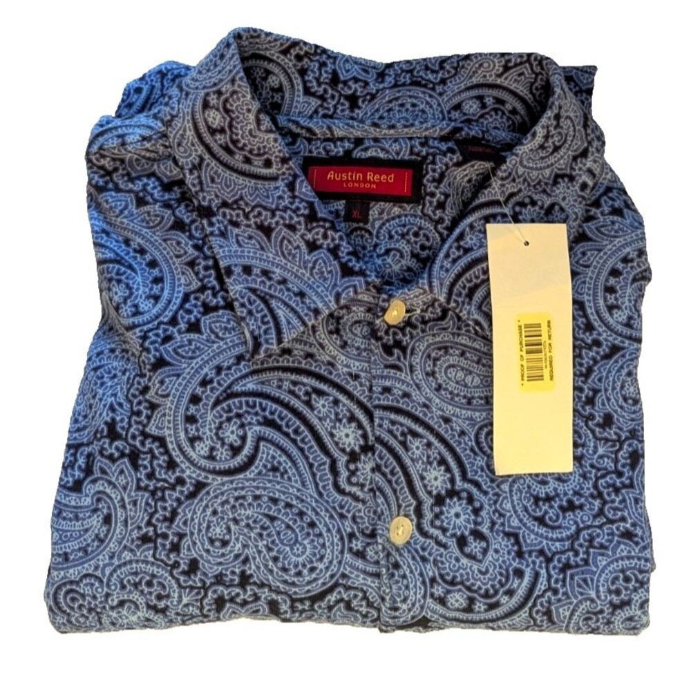 VTG Austin Reed London L S  Men's XL  Cotton Navy & Blue Paisley Bespoke Fit NWT